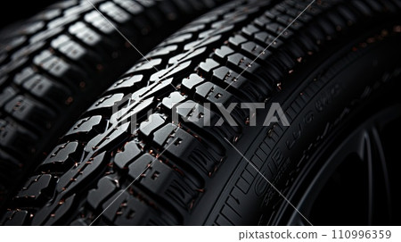 New black tires pile on a dark black background close-up. Tire fitting background with stack of car tires. Copy space. Generative AI 110996359