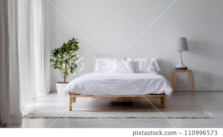 AI image of a white room with light shining through the window and a simple bed AI image of a white room with light shining through the window and a simple bed 110996573