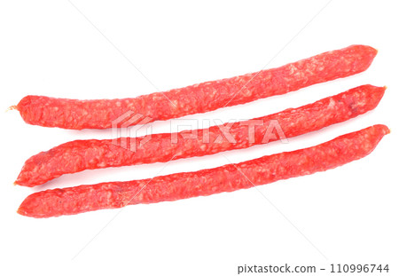 Smoked sausage, hunting sausage. Meat product . Photo of the concept of pricing, cost, discounts, supermarket operating ideas Smoked sausage, hunting sausage. Meat product . Photo of the concept of pricing, cost, discounts, supermarket operating ideas 110996744
