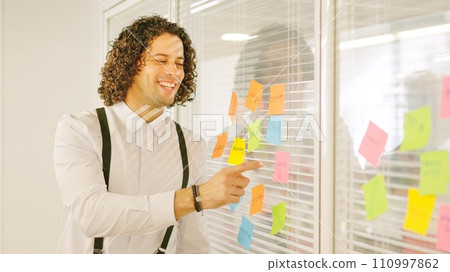Man pointing a post-it presenting ideas in a meeting 110997862