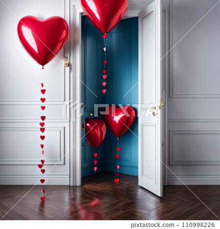 Room with open door and heart shaped balloons entering 110998226