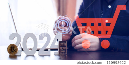 businessman buys gold and bitcoin in 2024 using digital technology and laptop computer. Finance and trade concept 2024. businessman buys gold and bitcoin in 2024 using digital technology and laptop computer. Finance and trade concept 2024. 110998622