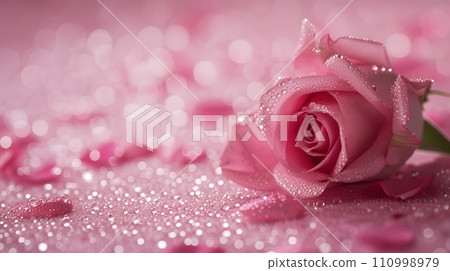 Symbol of love and romance: pink rose covered with water droplets 110998979