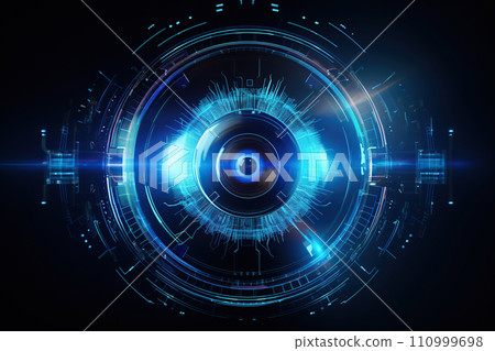 The abstract blue circle on a black background. Technology concept. 3D Rendering. Generative AI 110999698