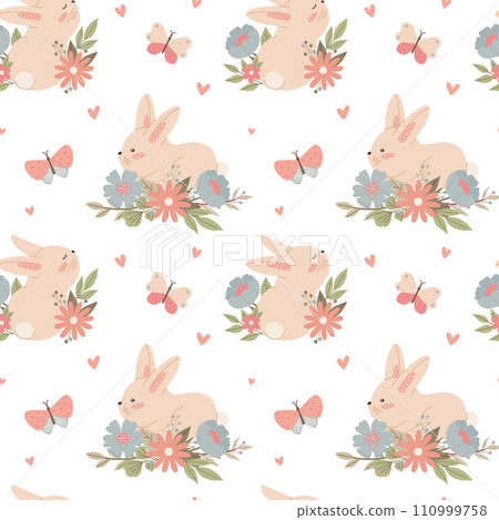 Seamless pattern with childish bunny flowers butterflies. Cute vector illustration in pastel colors with floral elements, for design, fabric and textiles. Seamless pattern with childish bunny flowers butterflies. Cute vector illustration in pastel colors with floral elements, for design, fabric and textiles. 110999758