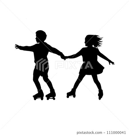 Roller skating girl with boy rollerblading vector silhouette, two kid roller skating Roller skating girl with boy rollerblading vector silhouette, two kid roller skating 111000041