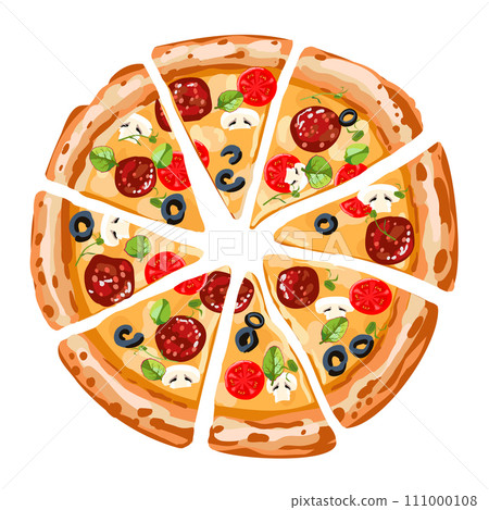 Pizza sliced with tomatoes and sausage. Italian Pepperoni pizza with olives and salad. Vector illustration. 111000108