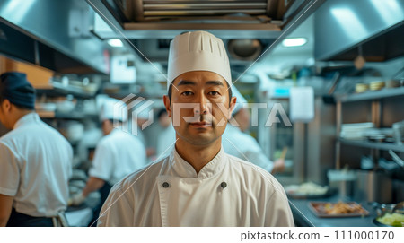Concentrated chef and his team in modern restaurant kitchen. Image of restaurant/cooking. AI image 111000170