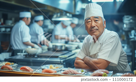 Concentrated chef and his team in modern restaurant kitchen. Image of restaurant/cooking. AI image 111000172