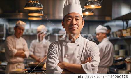 Concentrated chef and his team in modern restaurant kitchen. Image of restaurant/cooking. AI image 111000178