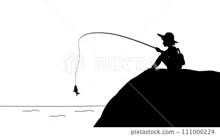 Little boy sitting and fishing in lake, boy with a fishing rod, fishing in the sea or on a river Little boy sitting and fishing in lake, boy with a fishing rod, fishing in the sea or on a river 111000224