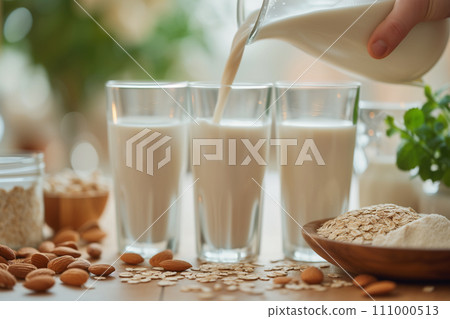 Healthy Milk Alternatives: Almond, Soy, and Oat in Elegant Glass Bottles 111000513