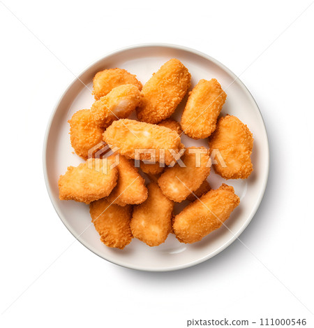 Nuggets in plate flat lay on white backgrounds. 111000546