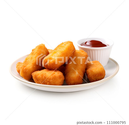 Nuggets in plate flat lay on white backgrounds. Nuggets in plate flat lay on white backgrounds. 111000795