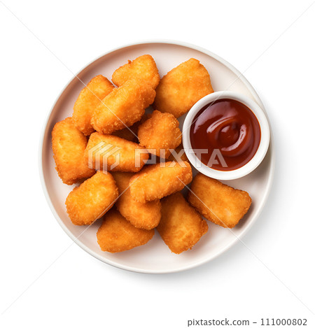 Nuggets in plate flat lay on white backgrounds. Nuggets in plate flat lay on white backgrounds. 111000802