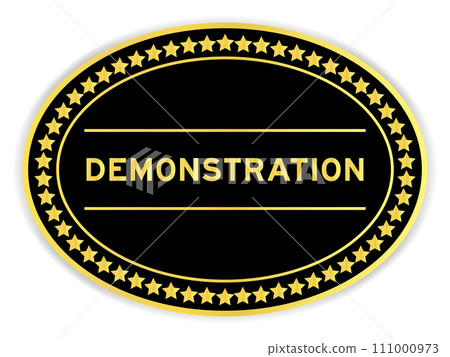 Black and gold color oval label sticker with word demonstration on white background 111000973