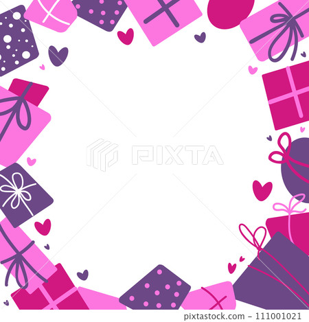 Vector hand drawn frame made from gift boxes and hearts by Valentine day. Illustration in flat style 111001021