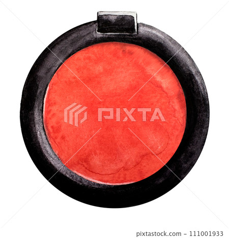 Single red blush isolated on white background top view. Watercolor makeup. For card and banner Single red blush isolated on white background top view. Watercolor makeup. For card and banner 111001933