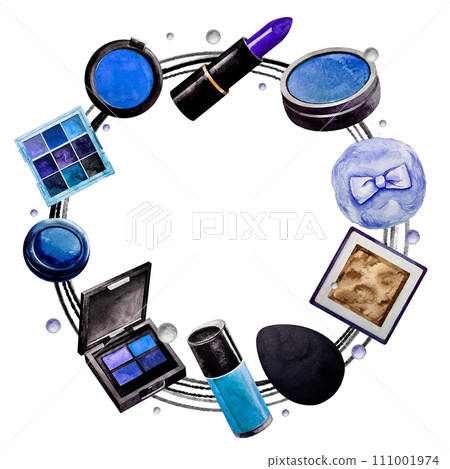 Blue frame of Makeup elements. White background. Watercolor. Isolated. Cosmetics for banner or text Blue frame of Makeup elements. White background. Watercolor. Isolated. Cosmetics for banner or text 111001974