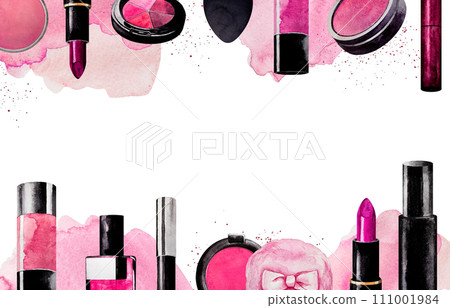 rectangular banner of Makeup. White background. Watercolor. Pink Cosmetics elements for text rectangular banner of Makeup. White background. Watercolor. Pink Cosmetics elements for text 111001984