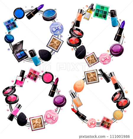 Set of frame with Makeup elements. White background. Watercolor. Isolated. Cosmetics for banner Set of frame with Makeup elements. White background. Watercolor. Isolated. Cosmetics for banner 111001986