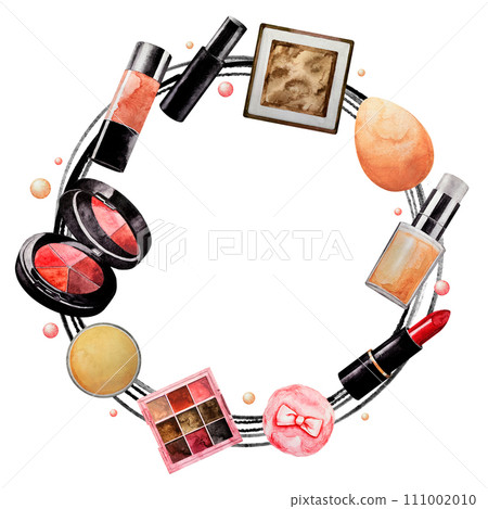 Beige frame of Makeup elements. White background. Watercolor. Isolated. Cosmetics for banner or text 111002010