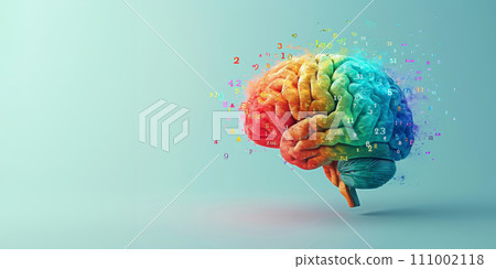 Human brain painted in different colors and and numbers around it on blue background Human brain painted in different colors and and numbers around it on blue background 111002118