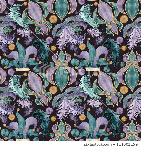 Hand drawn watercolor Mardi Gras carnival symbol. Jester fool hat, fleur de lis lily flower, mask domino feathers. Seamless pattern isolated on dark background. Design for party, print, shop, package Hand drawn watercolor Mardi Gras carnival symbol. Jester fool hat, fleur de lis lily flower, mask domino feathers. Seamless pattern isolated on dark background. Design for party, print, shop, package 111002159
