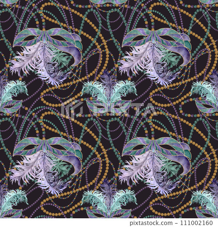 Hand drawn watercolor Mardi Gras carnival symbols. Domino mask, feather plumage, bead strings gold purple green. Seamless pattern isolated on dark background. Design for party, print, shop, package Hand drawn watercolor Mardi Gras carnival symbols. Domino mask, feather plumage, bead strings gold purple green. Seamless pattern isolated on dark background. Design for party, print, shop, package 111002160