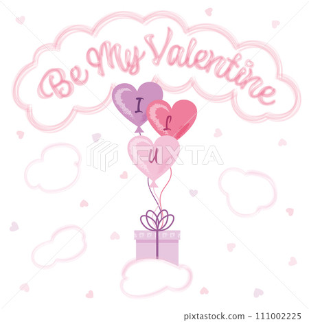 Be my valentine greeting with pink cloud, balloons and giftbbox and hearts on a white background 111002225