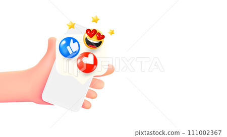 Man holding smartphone with emojis. 3d banner with copy space Man holding smartphone with emojis. 3d banner with copy space 111002367