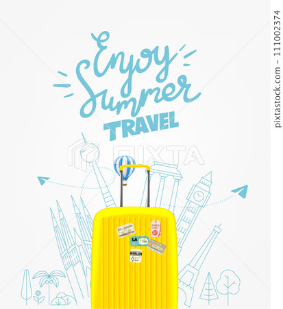Yellow suitcase with different travel elements  111002374