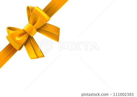 Golden ribbon with bow on the left corner. Design trmplate. 3d vector illustration 111002383