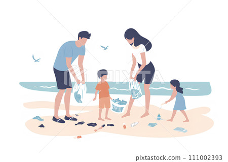 一家人在海灘撿垃圾 一家人在海灘撿垃圾 111002393