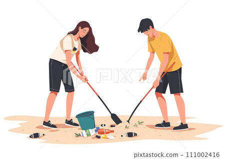 夫婦在海灘撿垃圾 夫婦在海灘撿垃圾 111002416