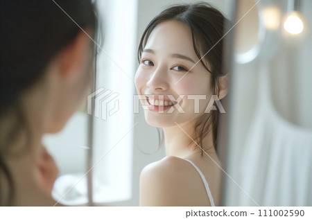 A woman with a lovely smile looking at me through the mirror (AI generated image) 111002590