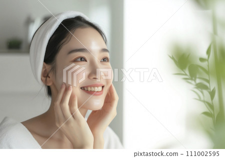 A woman applying moisturizer in front of the mirror (AI generated image) 111002595