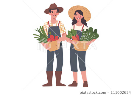 拿著收穫的蔬菜的年輕農民夫婦 拿著收穫的蔬菜的年輕農民夫婦 111002634