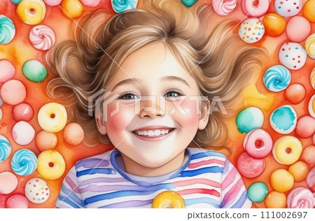close-up Happy smiling child lying in a sea of sweets top view, Concept of rest from school, holidays, time at home, baby teeth, close-up Happy smiling child lying in a sea of sweets top view, Concept of rest from school, holidays, time at home, baby teeth, 111002697