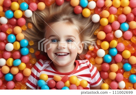 close-up positive Happy smiling child lying in a sea of sweets top view, Concept of rest from school, holidays close-up positive Happy smiling child lying in a sea of sweets top view, Concept of rest from school, holidays 111002699