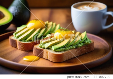 Urban brunch setting with avocado toast and trendy coffee drinks Urban brunch setting with avocado toast and trendy coffee drinks 111002700