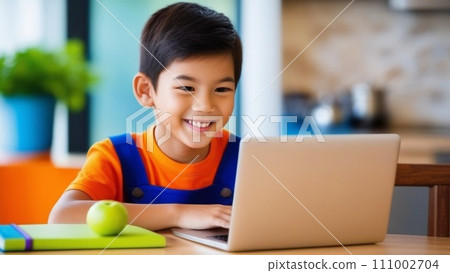 Asian boy studying online on computer laptop with smiling and happy face at home Asian boy studying online on computer laptop with smiling and happy face at home 111002704