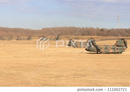 Large helicopter preparing for takeoff, Ground Self-Defense Force exercise 111002721