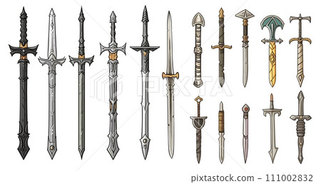AI-generated content. Various medieval weapons. Swords cartoon sketch style isolated on white background. Metal weapon, old warrior equipment vector collection AI-generated content. Various medieval weapons. Swords cartoon sketch style isolated on white background. Metal weapon, old warrior equipment vector collection 111002832