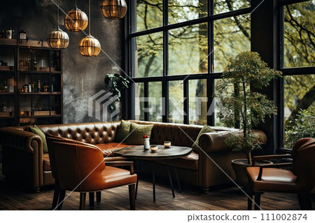 cozy modern cafe with a wooden interior, large windows and an atmosphere to show the best coffee establishments 111002874