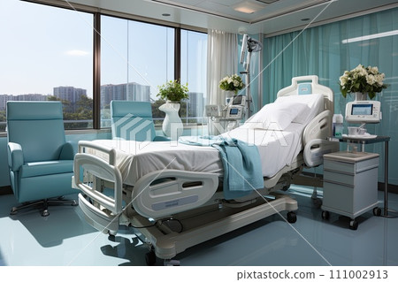 Hospital ward or Recovery room with bed and comfortable medical equipped in a hospital. Generative AI 111002913