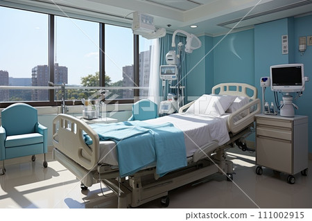 Hospital ward or Recovery room with bed and comfortable medical equipped in a hospital. Generative AI 111002915