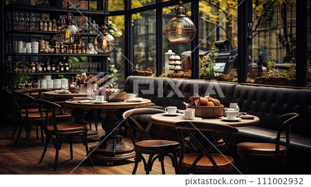 cozy modern cafe with a wooden interior, large windows and an atmosphere to show the best coffee establishments 111002932
