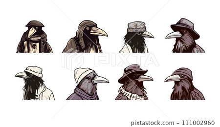 AI-generated content. Black crow hipsters portraits. Isolated crows in hats and scarves. Stylish birds, urban animals characters. Vector bird in clothes set 111002960