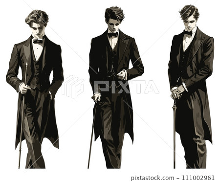 AI-generated content. Young handsome formalwear man. Vintage style youthful gentleman posing, elegant confidence man guy in retro suit with cane vector illustration AI-generated content. Young handsome formalwear man. Vintage style youthful gentleman posing, elegant confidence man guy in retro suit with cane vector illustration 111002961